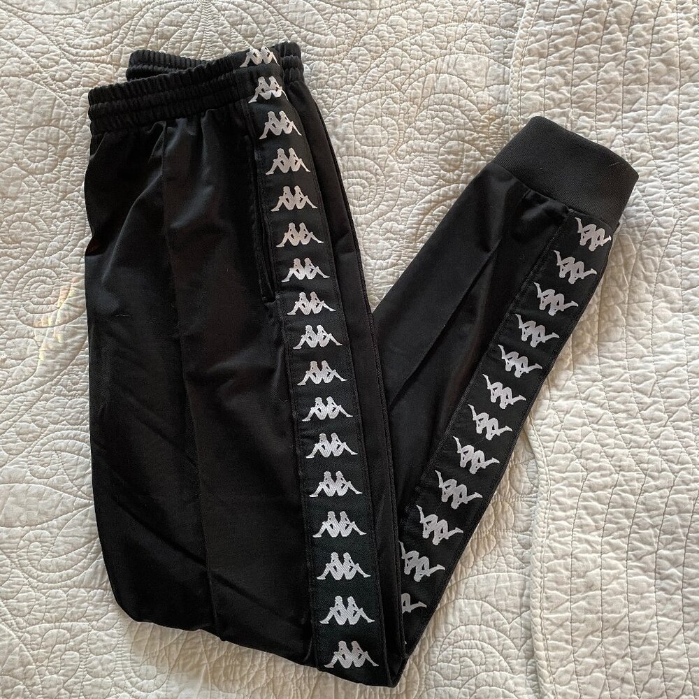 Kappa Banda Track Pants Mens Medium M Black Joggers Logo Tape Leg Zip Ankle Slim